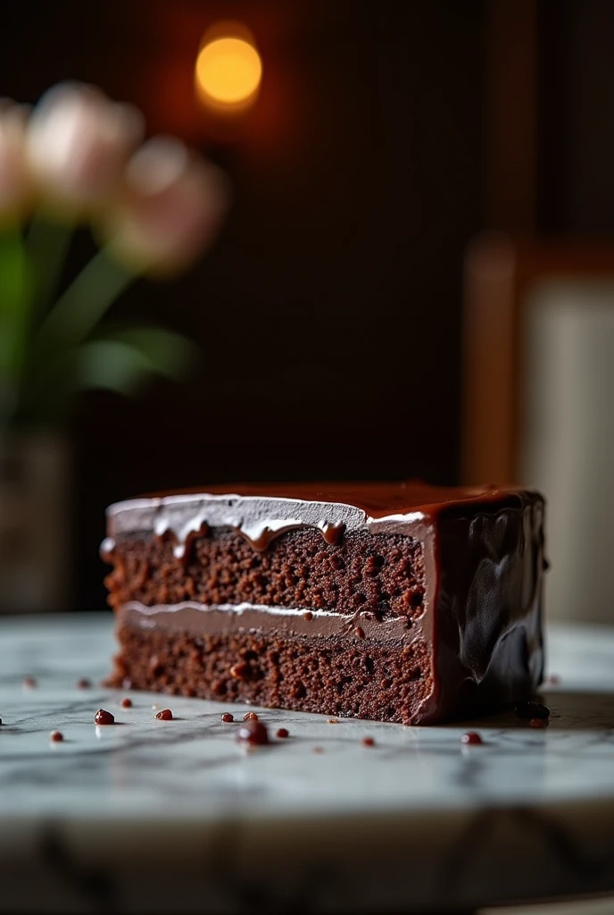 Chocolate cinematic movie scene, bolo de chocolate, darkness background, quality photo, Wet texture, penthouse, studio photo, slice. shallow depth of field, vignettes, highly detailed, high budget, bokeh, cinemascope, temperamental, epic, comely, film grain, grainy.