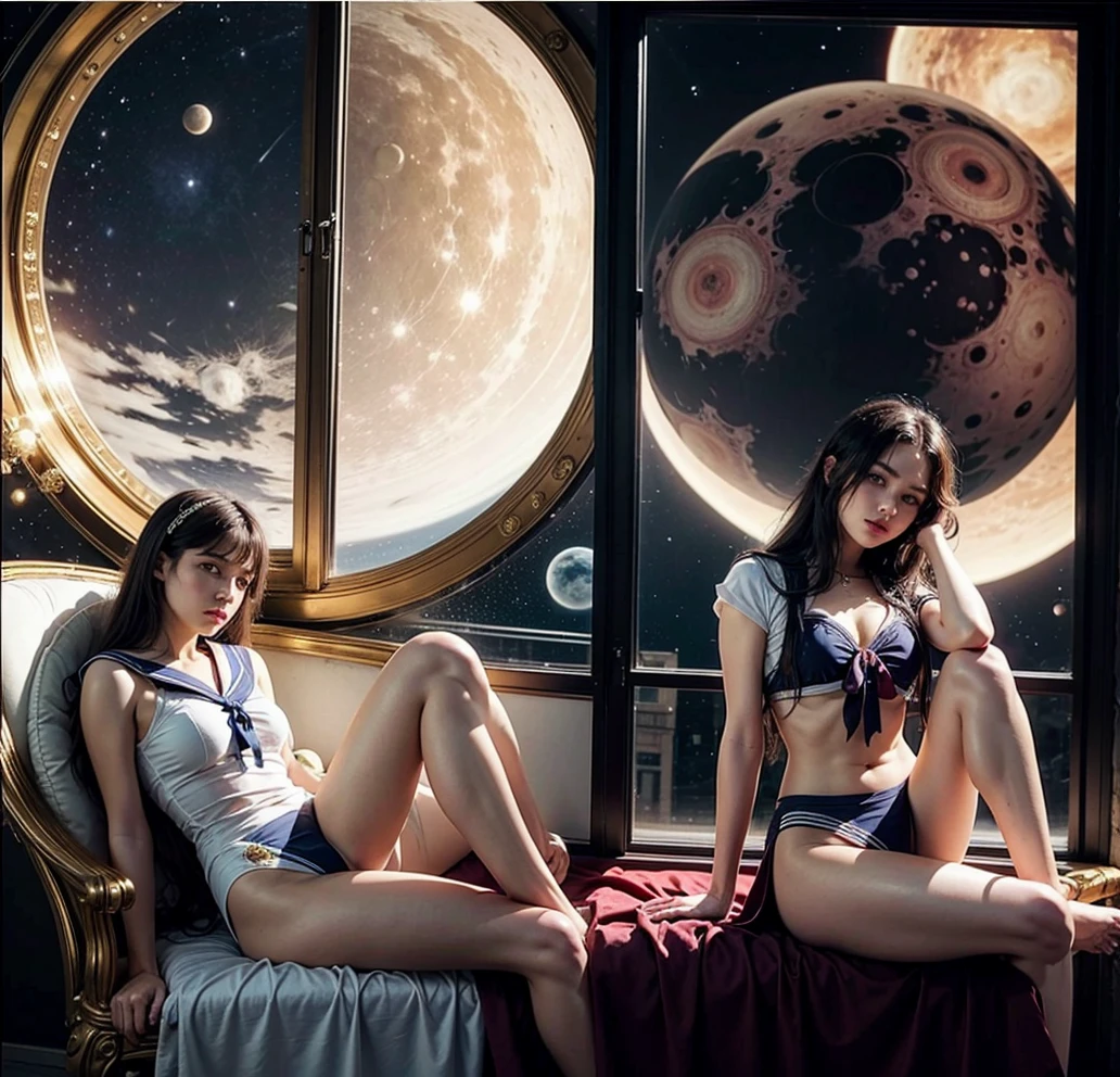 ((2 girls)):Sailor vênus and saylor mars in the same room,((same coach for they)), same wall behind, on they respective luxuos golden chair, legs opened:1.2.,(minimalist forniture),(large window behind then, (2 planets behind),  starless sky, and planets behind.(Saylor moon outfit) 8k resolution, eos 5 camera.