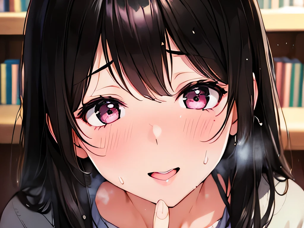 (masterpiece、Attention to detail),(Detailed and accurate face),beautiful girl、18-year-old、((Black Hair、Shortcuts)),(JK、cardigan)、sexy、((blush、Ecstasy face、Trance))、(Sweat),(blowjob),(library)