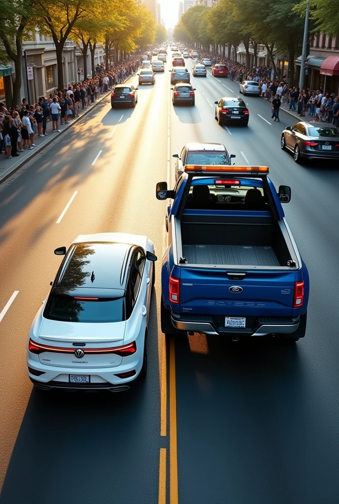 Two cars on the road, the first a white Volkswagen Saveiro Cross, the second a Ford F350 pickup truck used as a tow truck on a double lane. approaching a traffic light. The first car is in the left lane and the second car is in the right lane. The first car attempted to move to the right lane and collided with the pickup truck. Showing angle looking from above back. Camera looking behind the vehicles. White Saveiro Cross vehicle and the other blue and black tow truck.