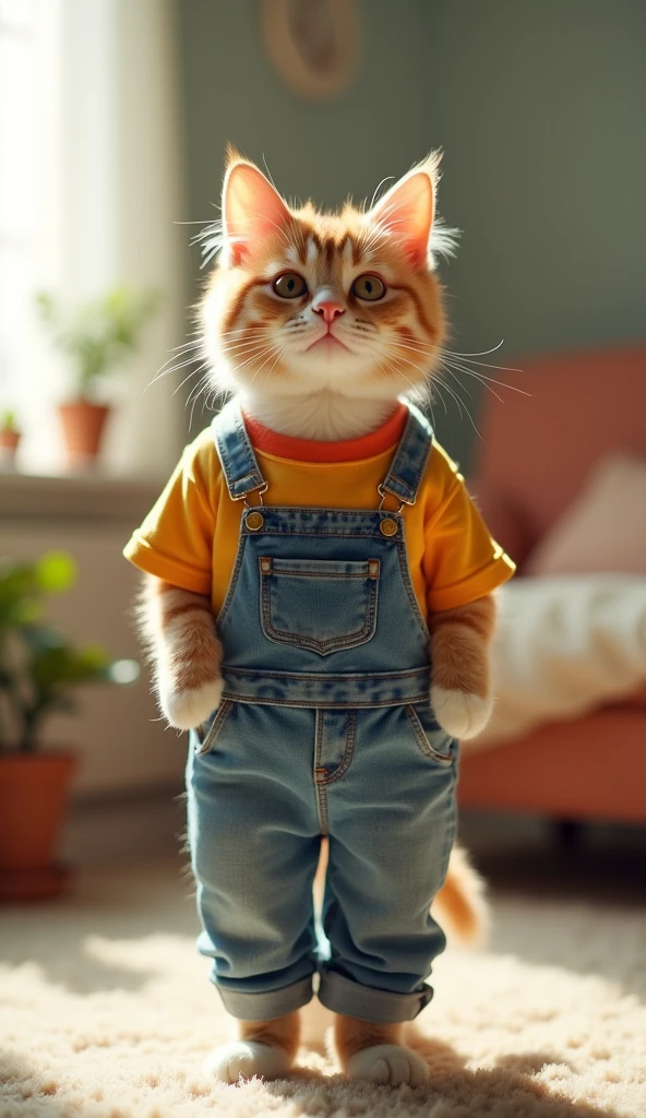 A detailed and clear image of a cute, well-dressed cat standing on its hind legs, in a human-like posture, directly facing the camera. The cat should be positioned at the center of the frame, slightly distanced from the camera, with its arms naturally resting by its sides. The cat should be wearing a jeans and t-shirt, adding a touch of charm. The background should be simple, a cozy room, ensuring the focus remains on the cat. The lighting should be bright and even, highlighting the cat's features and outfit without casting strong shadows