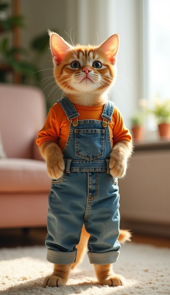 A detailed and clear image of a cute, well-dressed cat standing on its hind legs, in a human-like posture, directly facing the camera. The cat should be positioned at the center of the frame, slightly distanced from the camera, with its arms naturally resting by its sides. The cat should be wearing a jeans and t-shirt, adding a touch of charm. The background should be simple, a cozy room, ensuring the focus remains on the cat. The lighting should be bright and even, highlighting the cat's features and outfit without casting strong shadows