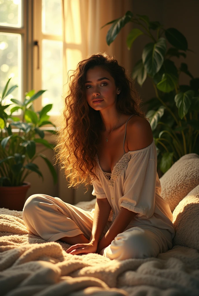 (photorealism:1.2), beautiful woman, sitting on bed, wearing loose off-shoulder top, pajama pants, long curly hair, indoors, soft lighting, plants in background, window with sunlight, cozy room, relaxed pose, realistic, intricate details, warm colors, by Greg Rutkowski, by Alphonse Mucha
