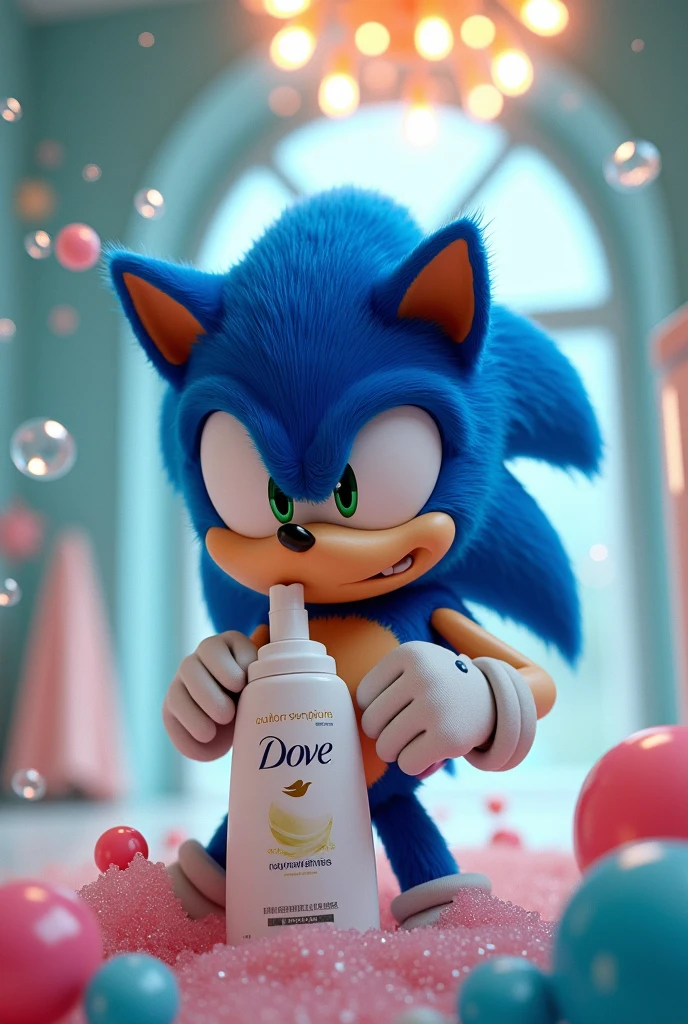Sonic sefurando um frasco de Shampoo Dove
