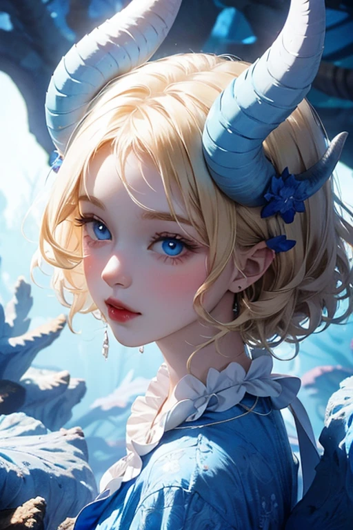 Blue eyed curly blonde with horns, reminiscent of blue corals