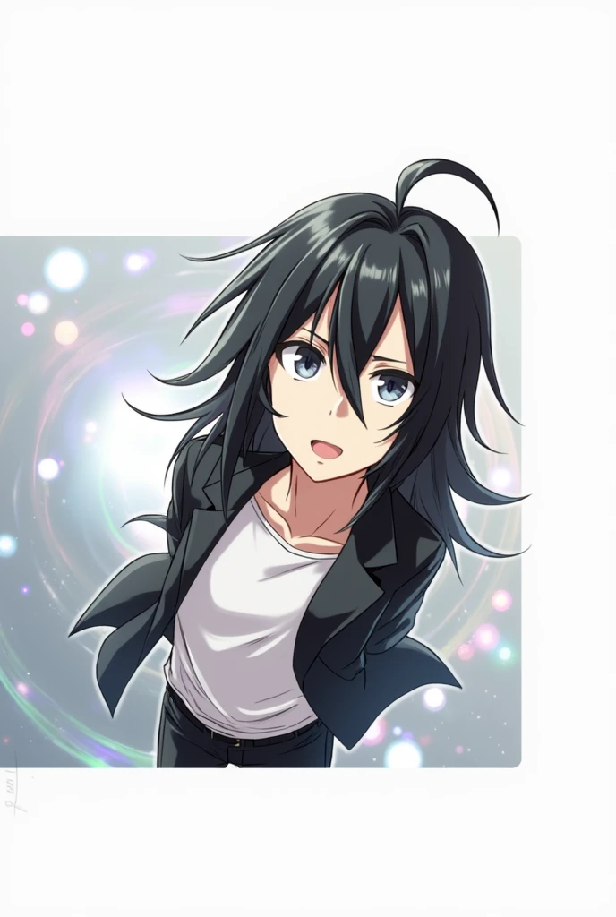 A guy with long black hair, with grey eyes, in a black shirt,black trousers, Beautiful face, beautiful body,, anime art, masterpiece, realistically
