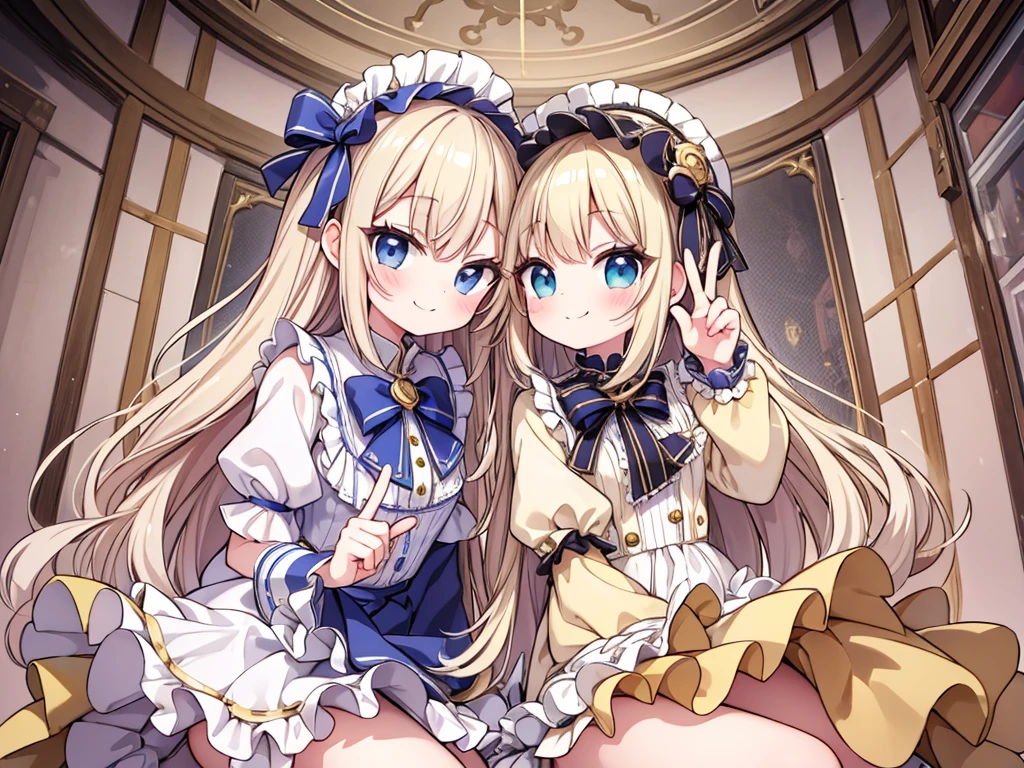 (best quality),(masterpiece),(ultra detailed),2 bitti little gold Lolita 2 bitti 2 girl Crouching spread legs twin Peace sign Standing next to each other in the center of the image hair random smile