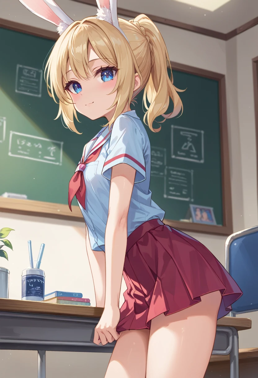 (masterpiece), best quality, side-view (showing thighs), highly detailed faces, (SHARP details), 4k, highly detailed, ((cute innocent face)), (bunny ears), Big cute eyes, (viera), ((blonde hair)), blue eyes, ponytail, straight elegant hair, shy and nervous pose, sheepish, apprehensive. frowning (()), ((solo)), short girl, petite-body, modern hotel bedroom interior, ((school girl outfit)),, dim light, red light, flat breasts, ((young girl)), (short girl), cute, slender, tempting