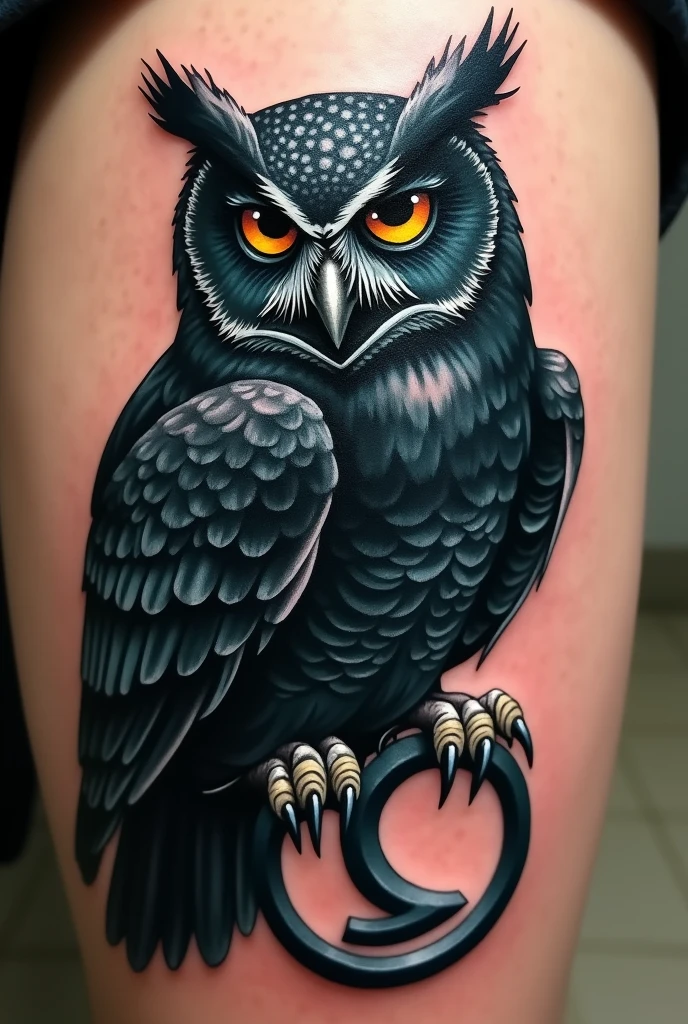 Create a dark owl, with black feathers and piercing eyes, inn over the symbol (φ) greek. The symbol of philosophy, in a cold, metallic tone, stands out as the background. The owl is positioned with its claws firmly attached to the symbol, and its wings are partially open, giving a sense of majesty and mystery. An image for a tattoo.