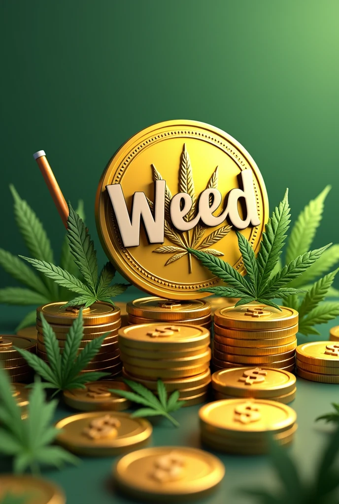 Create a 3d image of airdrop coin write weed on solana on the image,dollar sign,coins,weed cigarettes,use 640x360 as dimension.