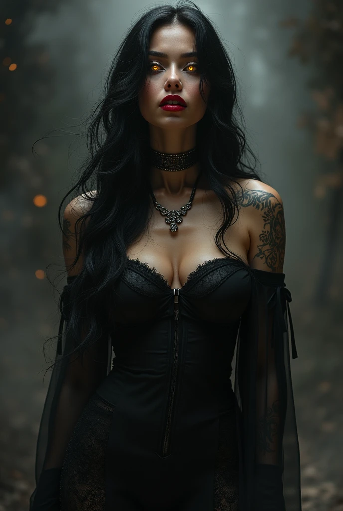 dark lady! beautiful woman with little clothing ! {{big boobies}} very big boobs, yellow  eyes, Bblack hair, red lipgloss stick!
