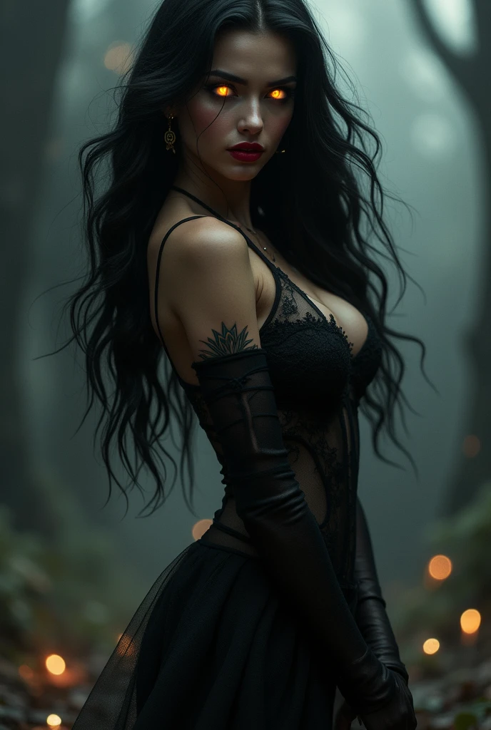 dark lady! beautiful woman with little clothing ! {{big boobies}} very big boobs, yellow eyes, Bblack hair, red lipgloss stick!