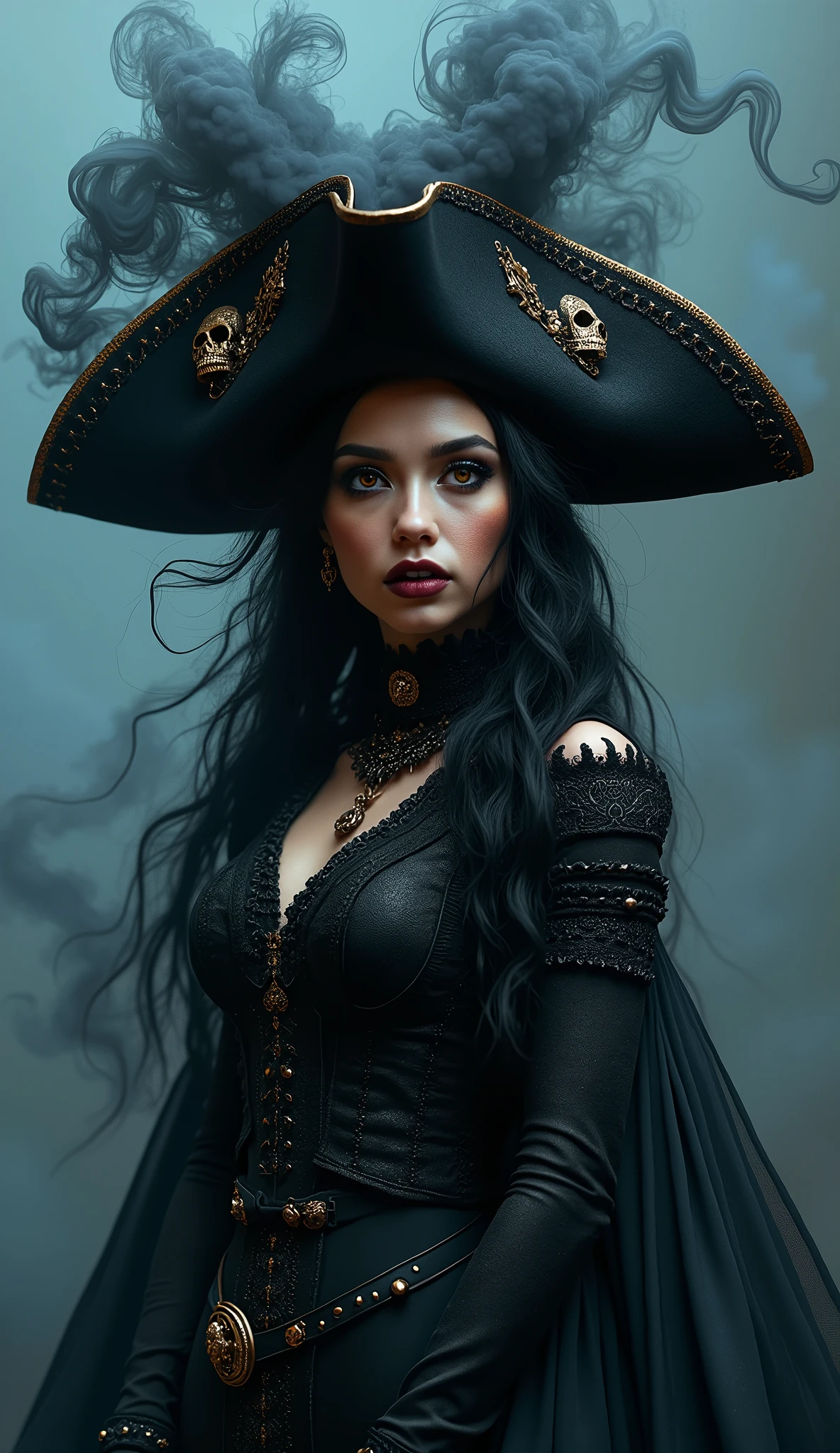 (Emily blunt:Evangeline Lilly) is a beautiful charming pirate carved out of dark smoke, dressed as a pirate in black, circular colored smoke, waves of shadows at night, abstract skull ornaments, soft colors, flat 4d street art in the style of adrian ghenie, esao andrews, jenny saville , edward hopper, surrealism, james jean dark, takato yamamoto, inkpunk minimalism, , detailed symmetrical brown eyes with circular iris, seamless geometric pattern harmony, luminogram, iron gall ink, art by Russ Mills, Sakimichan,, by GIlSam -paio octane rendering depicting innovation and truth, 8k, by Lee Jeffries, depth - Gs studio