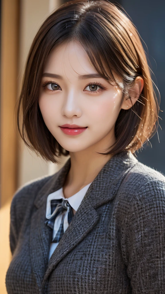 (masterpiece:1.3), (16k, photorealistic, RAW photo, best quality: 1.4),(photo of a beautiful Japanese girl), absurdres, attractive, ultra high resolution, ultra realistic, highly detailed, golden ratio, ultra detailed, super fucking beautiful detailed face, natural makeup, detailed cloth texture, detailed hair texture, beautiful detailed fullbody, Perfect female body, accurate, Anatomically correct, Highly detailed face and skin texture, (beautiful hands), (realistic skin), (beautiful pale skin:1.1), (Perfect dynamic composition, looking at viewer, full body shot:1.3),
BREAK,
realistic eyes, beautiful detailed eyes, symmetric eyes, Light Brown eyes, Double eyelids, Thin eyebrows, (Glossy lips:1.4), ((A face with waiting for a kiss, Seductive smile:1.2)), (weat skin, blush:1.1),
BREAK,
((short hair, bob, Dark blonde hair, bangs, pin:1.2)), (Daytime, classroom:1.3), (school uniform, Dark Blue jacket, Ribbon, white Long sleeve, Checkered skirt:1.3)