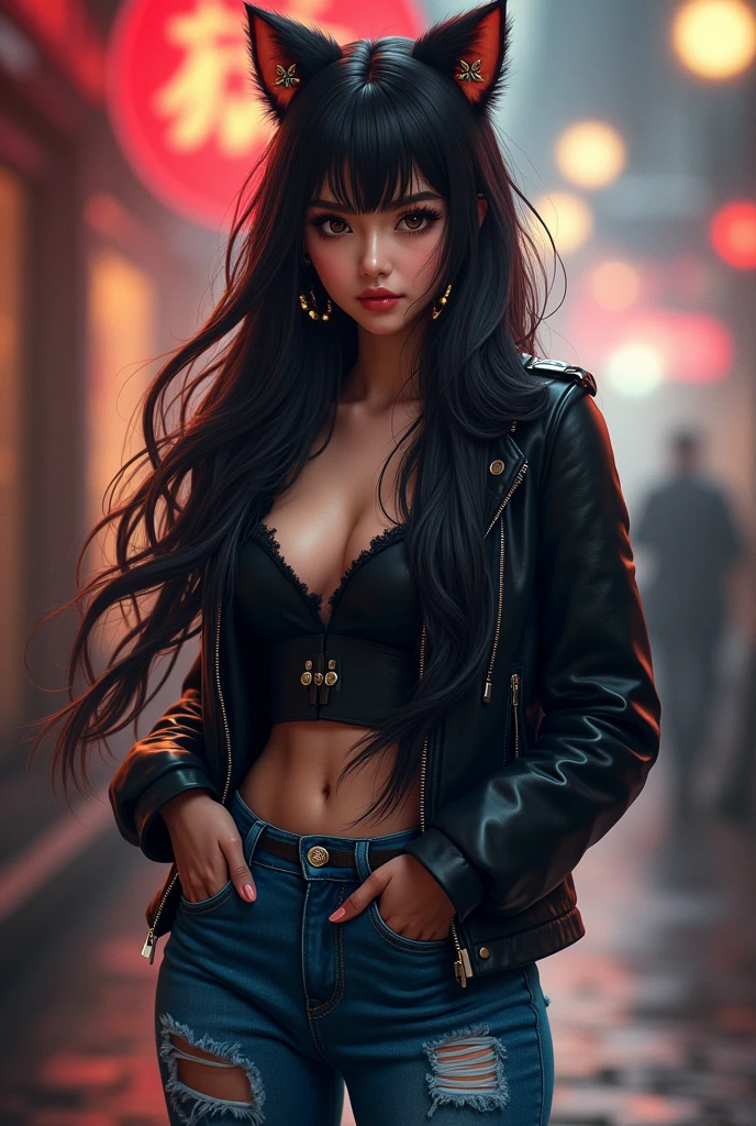 original, détaiL compLexe, illustration, chef-d'œuvre, fond d'écran CG unity 8k extrêmement détaillé, souligner, Affûtage, dynamique, bokeh, , Une belle fille aux longs cheveux noirs gros seins porte un jean bleu sexy et une veste noire avec un chat.,_oreilles et cheveux_ornement