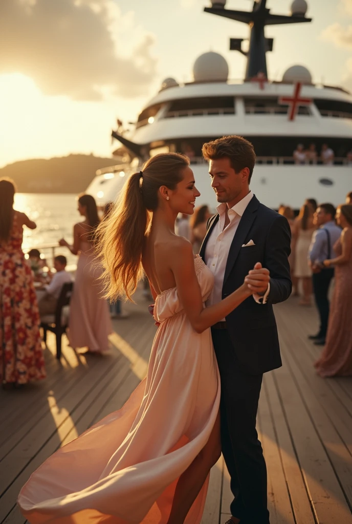 contrasts hilaryswank attractive woman on (cruise ship) wearing (summer jacket) and (summer skirt) 24mm 4k textures soft cinematic light adobe lightroom photolab hdr intricate elegant highly detailed sharp focus ((((cinematic look))) soothing tones crazy details intricate details hyper detailed low contrast soft cinematic light exposure blending hdr date on classic white luxury yacht romantic date on yacht beautiful couple party on luxury yacht enjoying sea breeze and music atmosphere festive guests laughing and dancing. suddenly a well-dressed man, a stranger, slowly walks towards a girl to ask her to dance. There is a mysterious and sexual attraction between them, the vibes are in the air couple, romantic dance on yacht