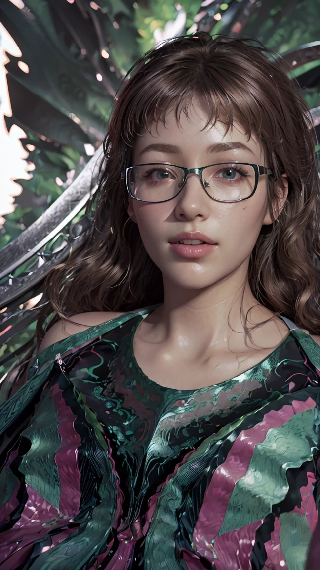 woman in meow fashion,portrait,big green eyes,nice smile, metal frame glasses, masterpiece,8 K,top quality,trending at the art station. (masterpiece, top quality, Best quality, official art, beautiful and aesthetically pleasing:1.2), extremely detailed,(fractal art:1.2),colorful,The most detailed, (dynamic pose), (abstract background:1.5), (Many colors:1.4). ((split. skin texture, Shiny skin. elegance. photorealism. unreal engine. 3D model. Ultra high quality textures. high detail. permission 8k))