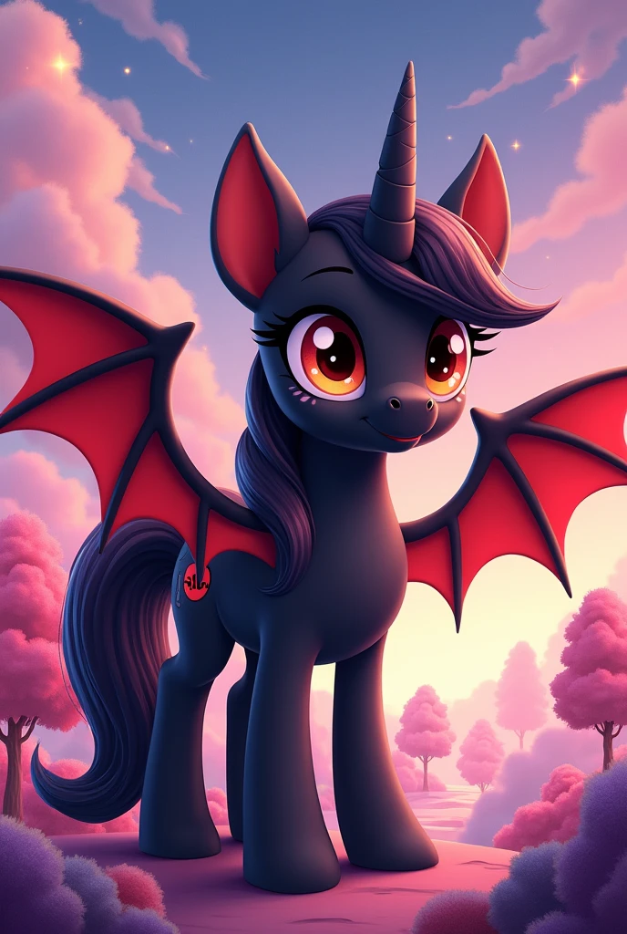 Black pony with red bat wings, Bat ears with red tips. The mane is black and red.. Cartoon girl with red glasses