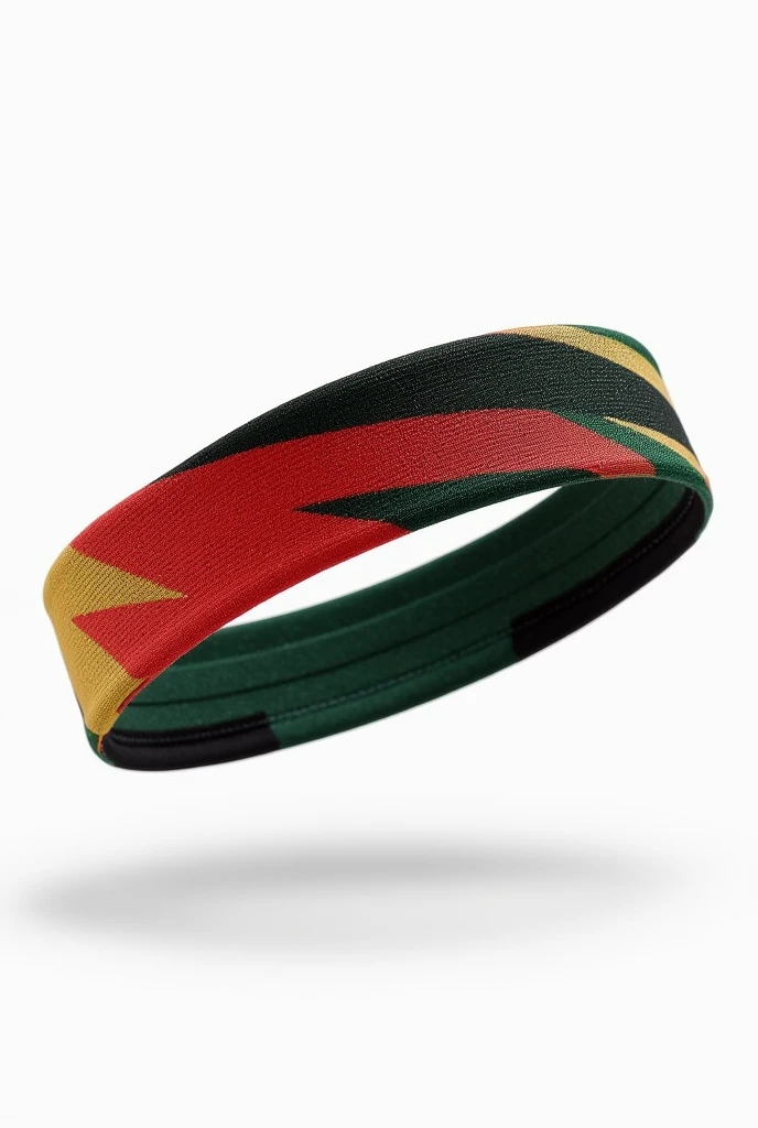 Sports head band with white background havin tip lines with colors red, green, gold and black