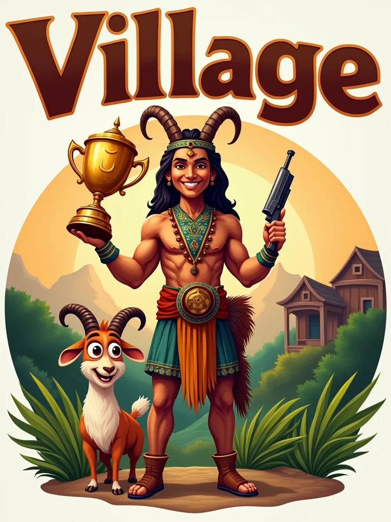 Create a logo with the name "village" with an indigenous person holding a trophy and a gun with a goat mascot