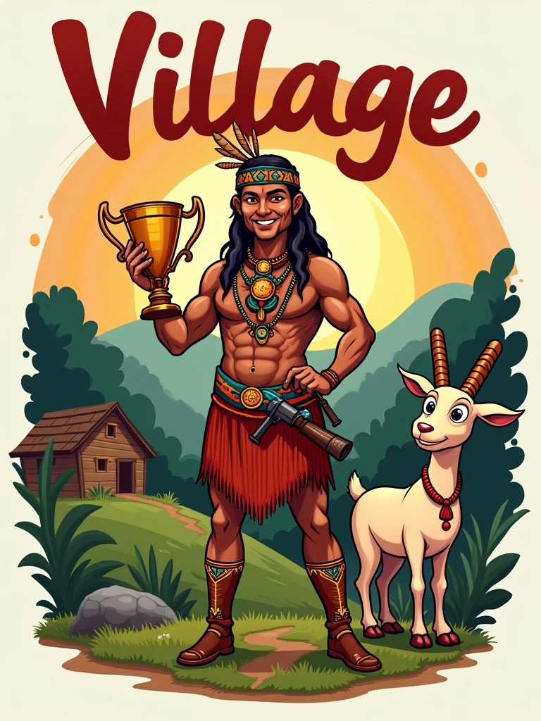 Create a logo with the name "village" with an indigenous person holding a trophy and a gun with a goat mascot