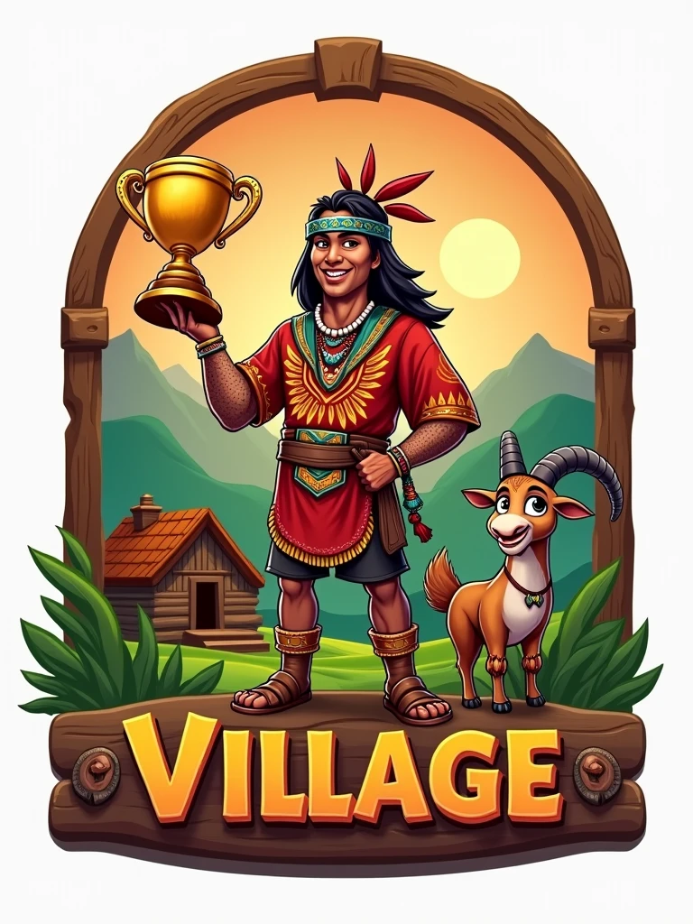 Create a logo with the name "village" with an indigenous person holding a trophy and a gun with a goat mascot