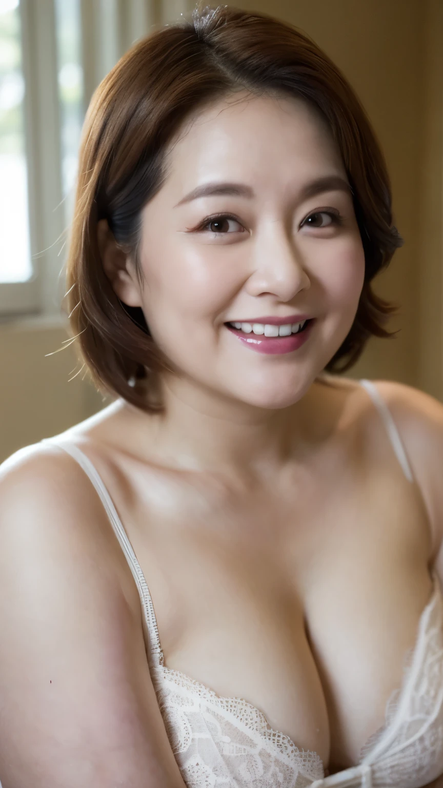 super high quality, Background Blur, In front of the bathroom, gravure, I'm sticking out my, 65 years old, ,Fat belly,Very plump, From the chest up, masterpiece, Highest quality, Very detailed, Realistic, Ultra-dense skin, Perfect Anatomy, Plump Mature Woman, Wrinkles around the eyes, , Big Breasts, In underwear, A shy toothy smile, Chubby, Glamour, sexy, Pure white skin, Looking at the audience,