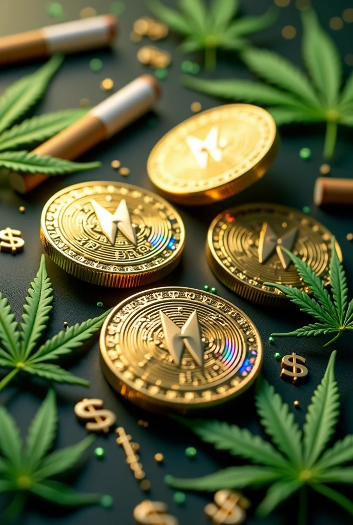 Create a 3d image of airdrop coin write weed on solana on the image,dollar sign,coins,weed cigarettes,use 640x360 as dimension.