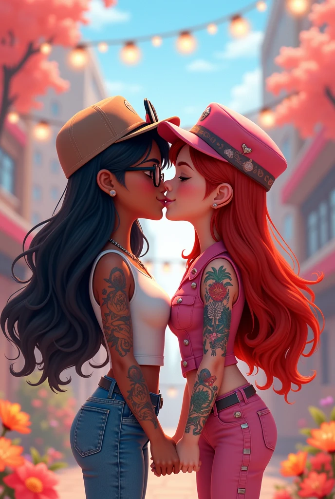 pixar design, Two female teenagers , una de pelo long negro, with glasses and cap, brown skin, another with red hair , long, with tattoos, White skin, pink military style clothing, passionately kissing 