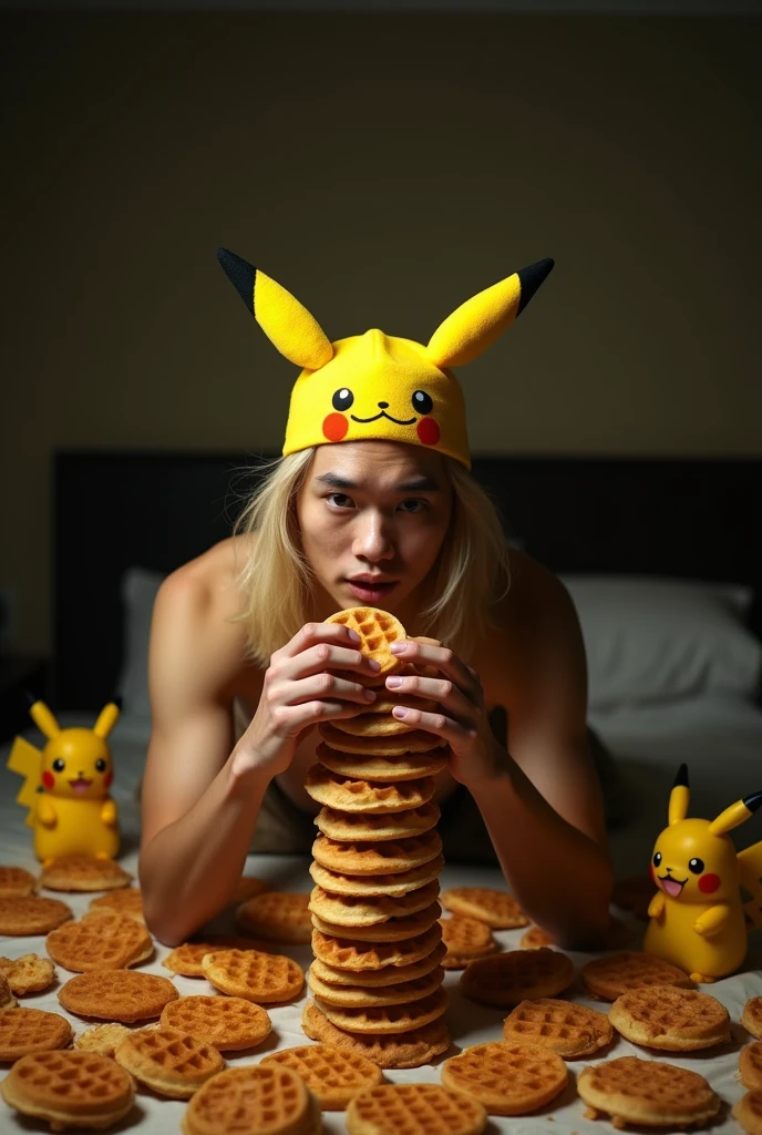 bunch of waffle (waffle) 🧇 in a hand showing the camera while hands forward slightly covering the face of a mysterious long blonde hair handsome men topless asian blonde men with yellow Pokémon yellow heaband , samurai look, silhouette lying in the very very dark bedroom full of waffle in bed and all over his body while eating more and more waffle in bed. many pikachu at the back