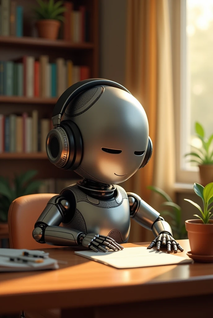 Chiroyli robot yigit boshini stol ustiga qoyib naushnikda musiqa tinglamoqda ko'zlari yumilgan Hilda