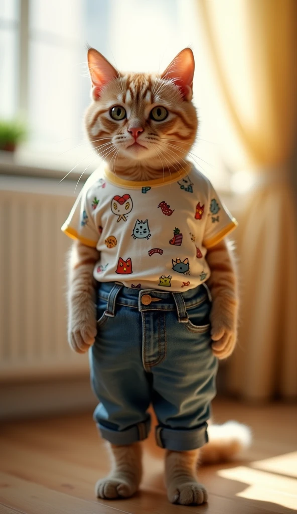 A detailed and clear image of a cute, well-dressed cat standing on its hind legs, in a human-like posture, directly facing the camera. The cat should be positioned at the center of the frame, slightly distanced from the camera, with its arms naturally resting by its sides. The cat should be wearing a jeans and t-shirt, adding a touch of charm. The background should be simple, a cozy room, ensuring the focus remains on the cat. The lighting should be bright and even, highlighting the cat's features and outfit without casting strong shadows