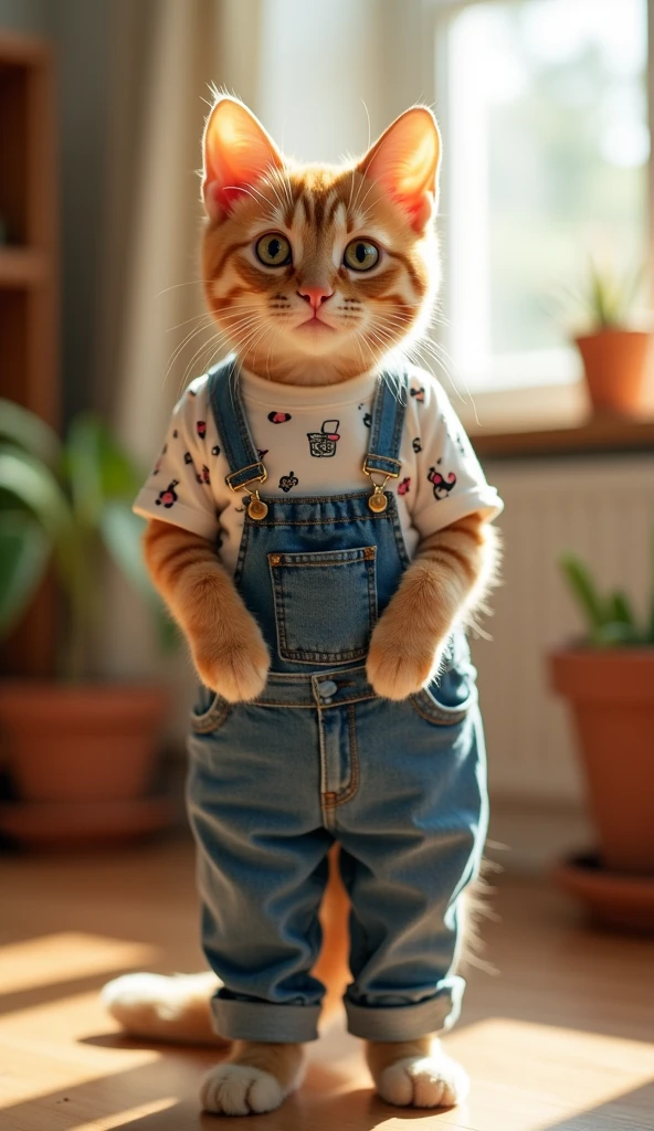 A detailed and clear image of a cute, well-dressed cat standing on its hind legs, in a human-like posture, directly facing the camera. The cat should be positioned at the center of the frame, slightly distanced from the camera, with its arms naturally resting by its sides. The cat should be wearing a jeans and t-shirt, adding a touch of charm. The background should be simple, a cozy room, ensuring the focus remains on the cat. The lighting should be bright and even, highlighting the cat's features and outfit without casting strong shadows