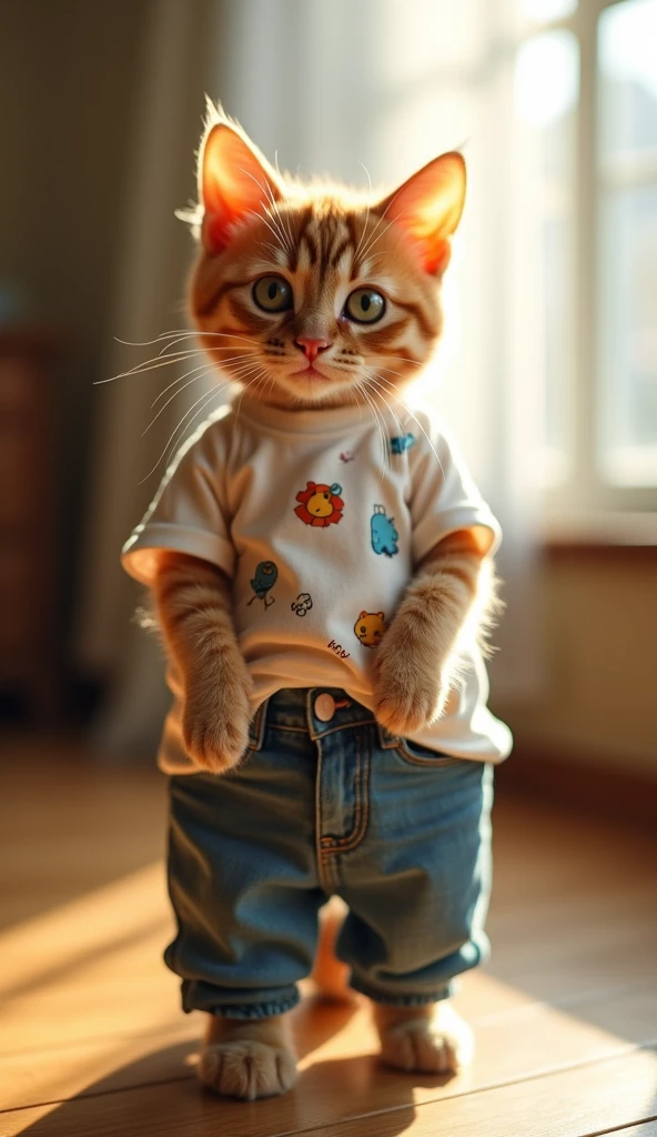 A detailed and clear image of a cute, well-dressed cat standing on its hind legs, in a human-like posture, directly facing the camera. The cat should be positioned at the center of the frame, slightly distanced from the camera, with its arms naturally resting by its sides. The cat should be wearing a jeans and t-shirt, adding a touch of charm. The background should be simple, a cozy room, ensuring the focus remains on the cat. The lighting should be bright and even, highlighting the cat's features and outfit without casting strong shadows
