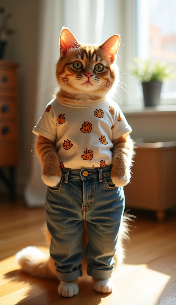 A detailed and clear image of a cute, well-dressed cat standing on its hind legs, in a human-like posture, directly facing the camera. The cat should be positioned at the center of the frame, slightly distanced from the camera, with its arms naturally resting by its sides. The cat should be wearing a jeans and t-shirt, adding a touch of charm. The background should be simple, a cozy room, ensuring the focus remains on the cat. The lighting should be bright and even, highlighting the cat's features and outfit without casting strong shadows