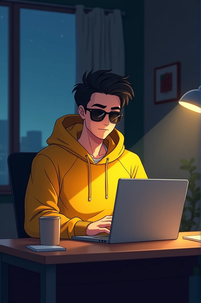 ANIME FRIENDLY LOOKING MALE BUSINESS
CHARACTER WHO IS WEARING A YELLOW HOODIE AND SUNGLASSES. HE IS SITTING BEHIND HIS LAPTOP IN HIS OFFICE, ARMS ON HIS DESK. IT IS NIGHT. THE ROOM HAS VOLUMETRIC
LIGHTING. HE IS FRONT-FACING TOWARD THE
CAMERA, LOOKING STRAIGHT AND CENTERED, CENTRAL PORTRAIT, SITTING STRAIGHT, FRONT VIEW, CENTERED LOOKING STRAIGHT. THE OVERALL AMBIANCE OF THE IMAGE SHOULD CONVEY A CONNECTION TO MINIMALISM, FLAT ILLUSTRATION, BOLD LINE, MINIMALISM, SIMPLIFIED, GOUACHE ILLUSTRATION. 8K RESOLUTION