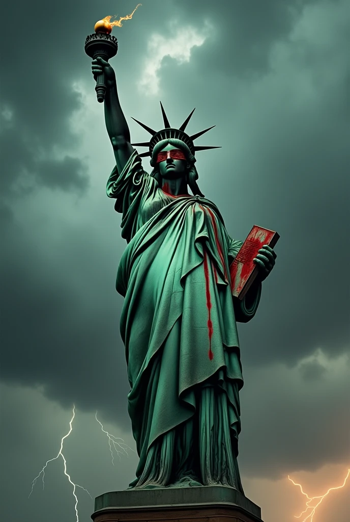 statue of Liberty, with a Glock in his right hand, with eyes covered, crying blood and with the tablets of the Ten Commandments in the other hand.