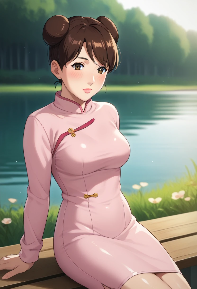 score_9,score_8_up,score_7_up,score_6_up,score_5_up,score_4_up BREAK skinny, medium breasts ,shiny skin,bokeh,bloom,light particles, outdoors, river,1girl, clear eyes, Tenten, brown hair with two buns, brown eyes, medium lips, pink lips, mature female, ((perfect model body)), blush, ((pink Chinese tight dress)), sitting on the bench and touching lips with her finger, finger touching lips