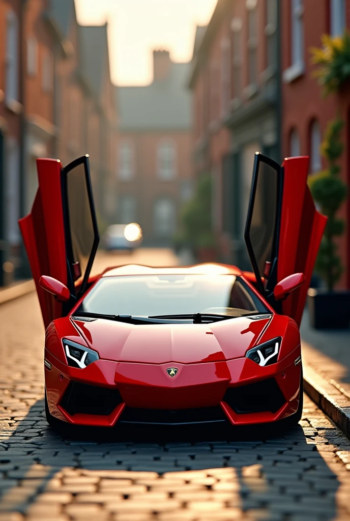 ((masterpiece,top quality,top quality)),Plastic model of a sports Lamborghini with open doors,red,Streets of England,Isometric 3D diorama,glossy paint,soft lighting