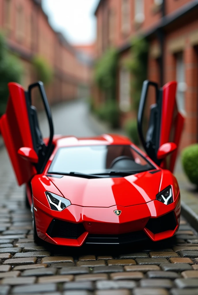 ((masterpiece,top quality,top quality)),Plastic model of a sports Lamborghini with open doors,red,Streets of England,Isometric 3D diorama,glossy paint,soft lighting