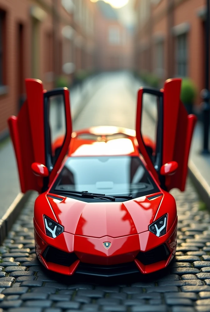 ((masterpiece,top quality,top quality)),Plastic model of a sports Lamborghini with open doors,red,Streets of England,Isometric 3D diorama,glossy paint,soft lighting