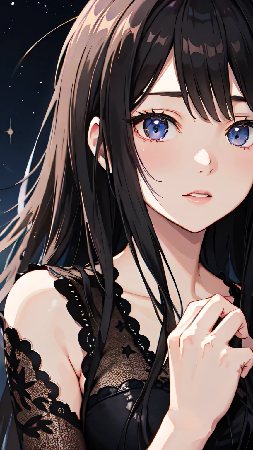 ((Highest quality)), ((masterpiece)), (detailed), One beautiful girl, Almond Eye,night,静かなnightの帳が降りて,The secrets whispered by the stars,The path we walked hand in hand,Meeting again in a dream,Close up of face