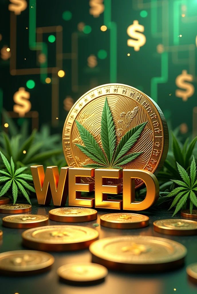 Create a 3d image of airdrop coin write weed on solana on the image,dollar sign,coins,weed cigarettes,use 640x360 as dimension.