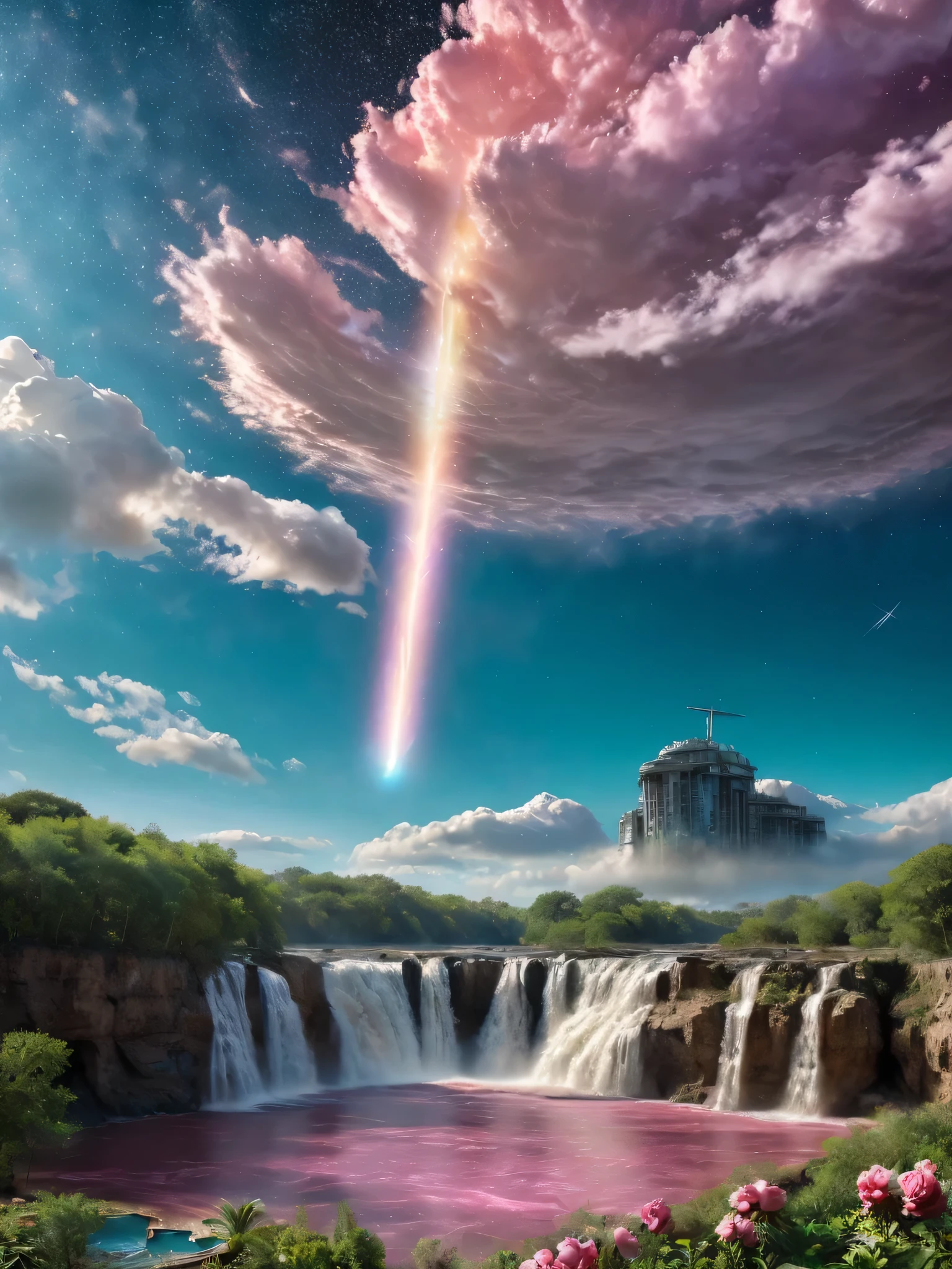 (8k, highest quality, masterpiece, final fantasy style: 1.2), (unRealistic, photoRealistic: 1.37), Dreamy landscape, Fantasy, Unsurreal landscapes, Super detailed, Flying Castle, Floating Island in the Sky, Seven-colored swirl of light, Intense lightning, milky way, Complex Light, Colored light, Large Lake, Starry sky reflected on the lake surface, Countless shining stars, Meteors,  Reflections , (A pillar of light emanated from the ground:1,2), (((roses and orchids gardens , bright day , pink clouds, waterfalls in the sky, realistic style, Hyperrealism drawing, a flying pirate spaceship floating above the  clouds)))) , burning skyscrapers, , timeless realms, stunning  princess  ,  casting spell, healing light magic effect, in a magical lagoon of the fairyland, crystal clear water surface reflections, sharp focus, looking at viewer, (close-up:0.9), (bright white theme:1.2), (bright white tone:1.2), (deep blue tone:1.3),((( realistic, Hyperrealism, vivid colours , landscapes , alien cyborgs , science fiction themes))), 