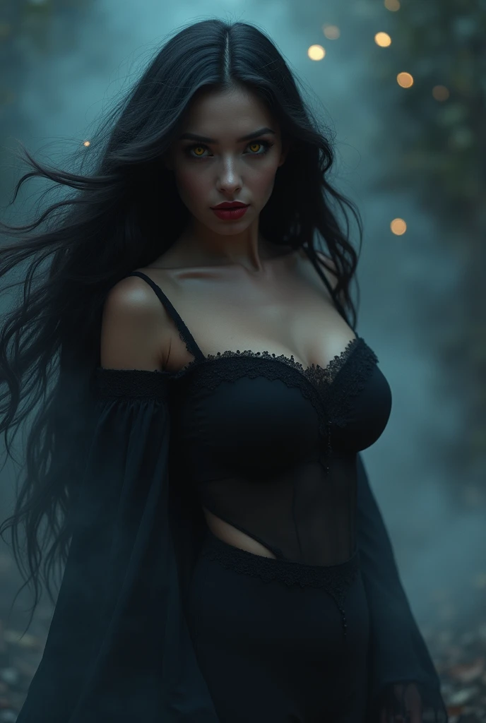 dark lady! beautiful woman with little clothing ! {{big boobies}} very big boobs, yellow eyes, Bblack hair, red lipgloss stick!