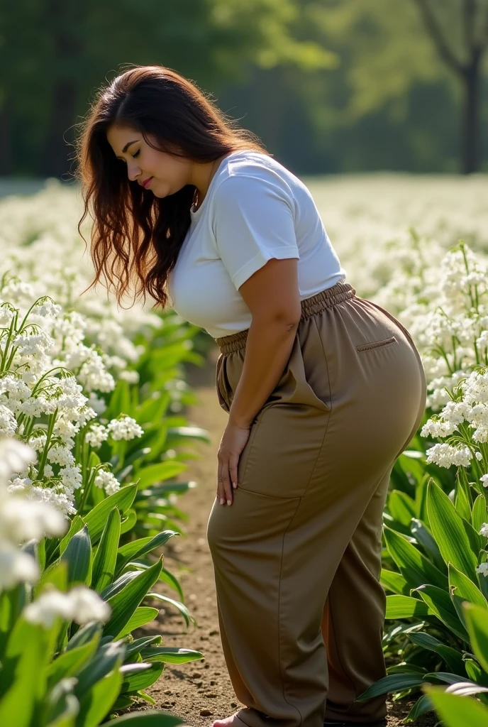 woman in baggy pants bending over, big booty, curvy accentuated booty, bending over, full length view, side shot, uhd candid photo of dirty, insanely inflated hips, fully bent over, taken from side, pawg, view from the side, thick, seen from side, thick thigs, photo taken from side1girl, lily-of-the-valley field, huge breasts, ass, thick thighs, wide hips