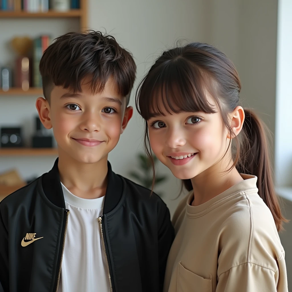 A light skinned age boy with a low taper fade cut measures a textured fade, Nike jacket
A teengirl with tied hair and bangs, beige shirt, brunette