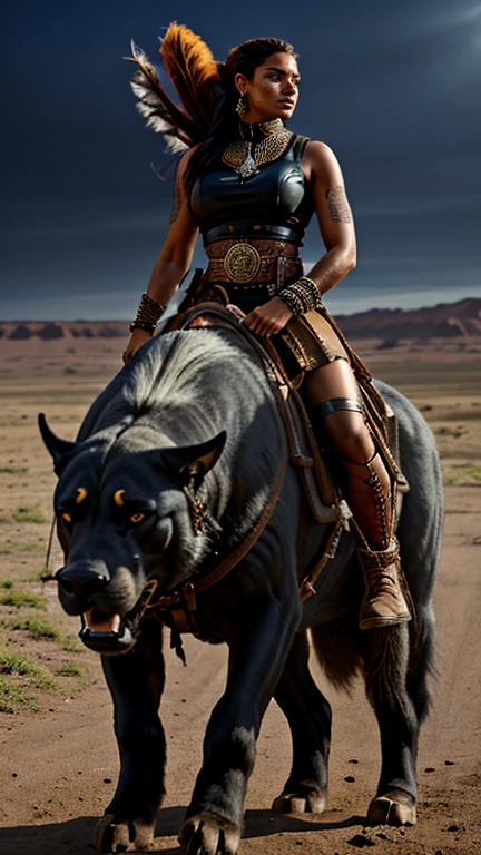Ultra high resolution photograph of a South American Indian mixed race 35 year old woman, The womans clothing is a mixture of space cowboy style and South American native style, the womans hairstyle is a mohawk with shield maiden hairstyle and the sides of the head are tattooed, Hair color dyed, The womans pose is riding a Cerberus hellhound, Face depicted realistically and in detail, The body stature is tall with long legs and sensual curves and medium sized breasts, The mood of the photography is dark, Top is a sleeveless cowboy shirt with a wide waist belt, Legwear is a maxi leather skirt with etched Indian patterns and leather boots for women, Woman in her pose close to the camera
