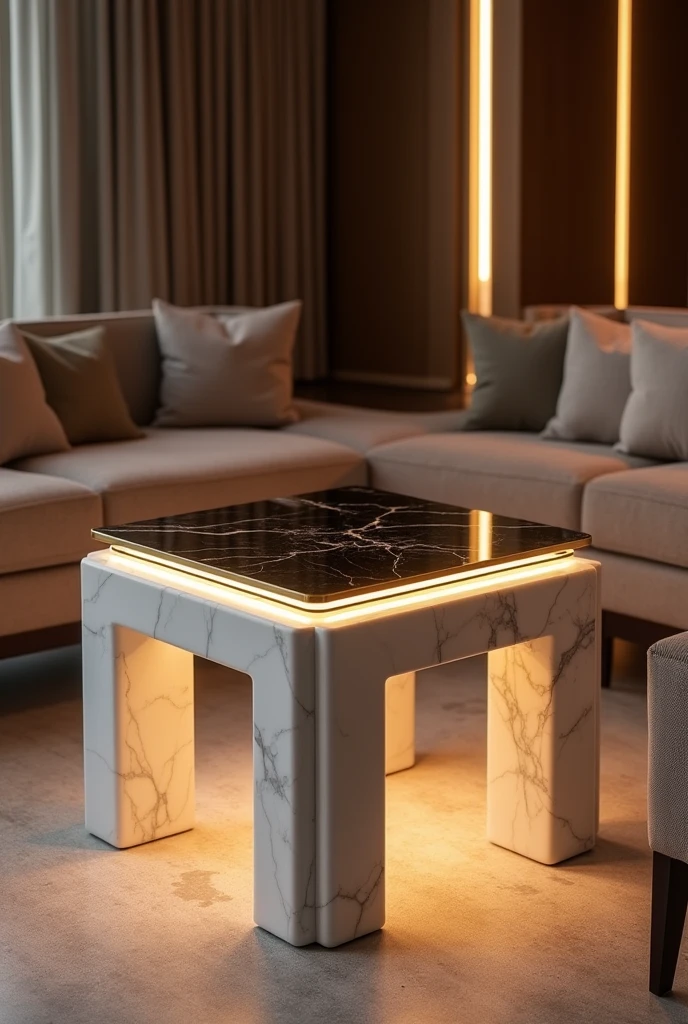 Small square table with four legs, white marble, 5 cm wide . The sides are made of marble, and in the middle of the table there is a space filled with blackish transparent glass, surrounded by elegant golden frames.. Inside the table, there is warm gold LED lighting, creating an attractive glow that reflects through the dark glass and gold frames.. The top of the table is covered with blackish clear glass for a modern and luxurious touch, making it an ideal piece for a guest lounge.