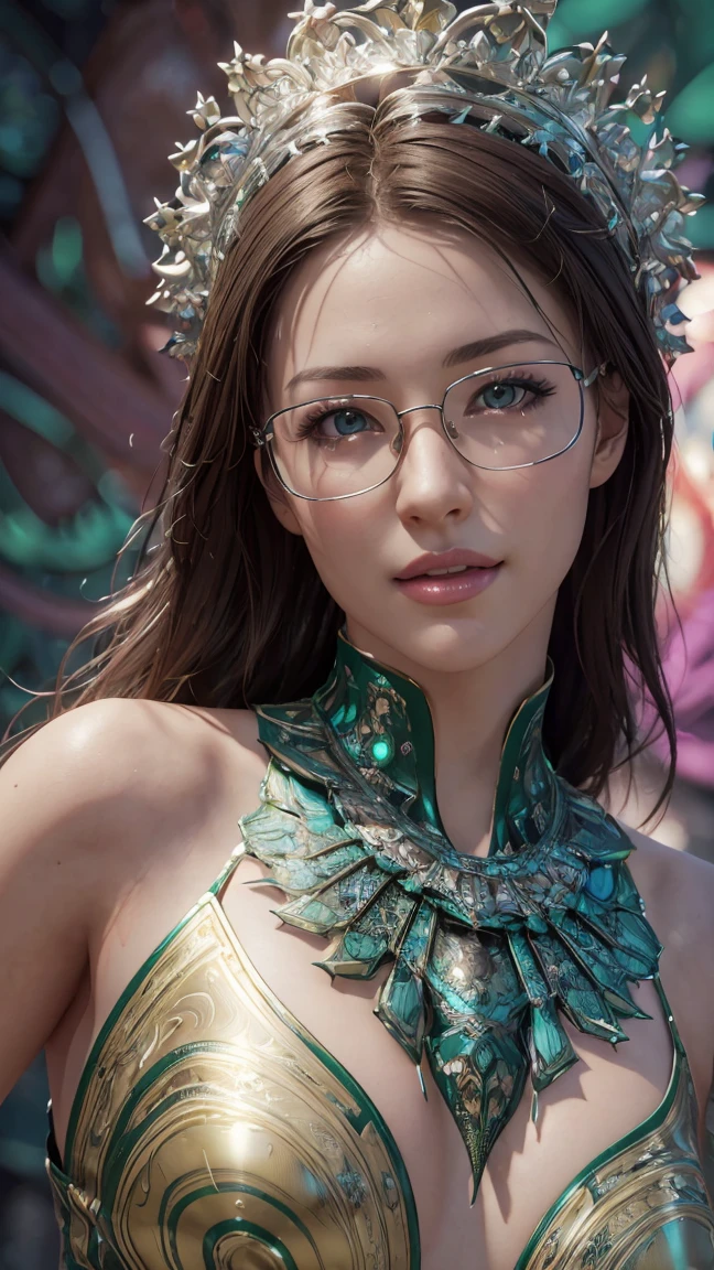 woman in meow fashion,portrait,big green eyes,nice smile, metal frame glasses, masterpiece,8 K,top quality,trending at the art station. (masterpiece, top quality, Best quality, official art, beautiful and aesthetically pleasing:1.2), extremely detailed,(fractal art:1.2),colorful,The most detailed, (dynamic pose), (abstract background:1.5), (Many colors:1.4). ((split. skin texture, Shiny skin. elegance. photorealism. unreal engine. 3D model. Ultra high quality textures. high detail. permission 8k))